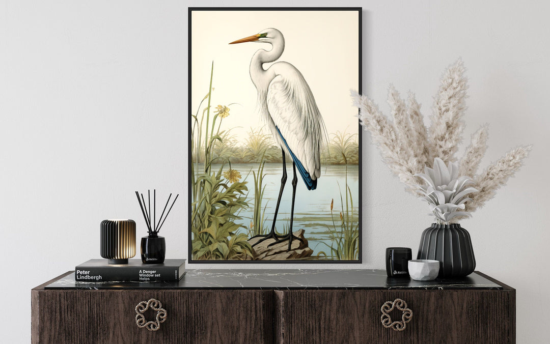 Vintage Great Egret Painting Coastal Birds Framed Canvas Wall Art