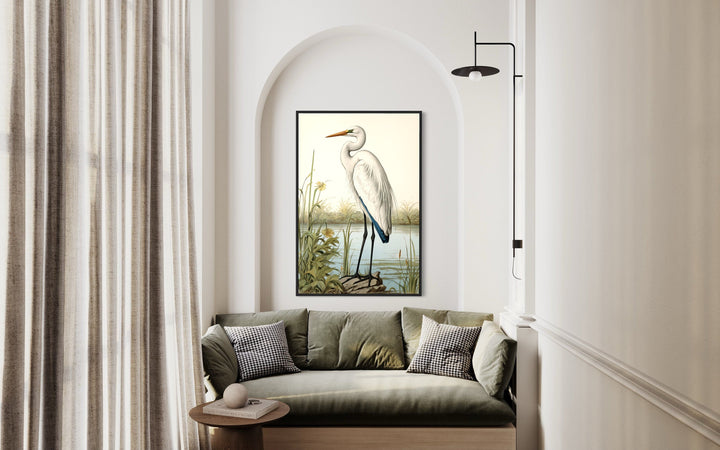 Vintage Great Egret Painting Coastal Birds Framed Canvas Wall Art