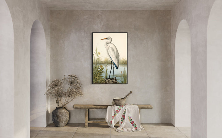 Vintage Great Egret Painting Coastal Birds Framed Canvas Wall Art