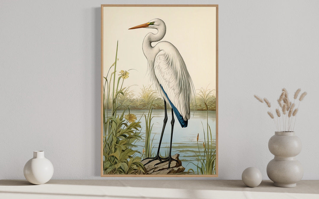 Vintage Great Egret Painting Coastal Birds Framed Canvas Wall Art