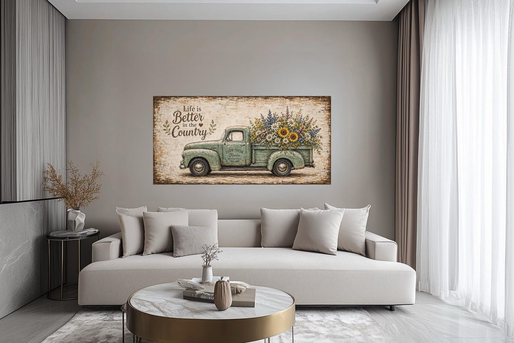 A vintage green truck canvas print with sunflowers hangs above a modern sofa in a neutral room.