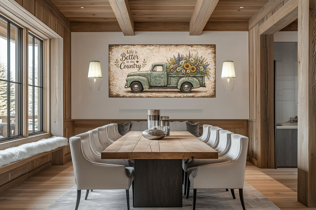 Rustic farmhouse wall art featuring a vintage green truck with sunflowers on a large canvas.