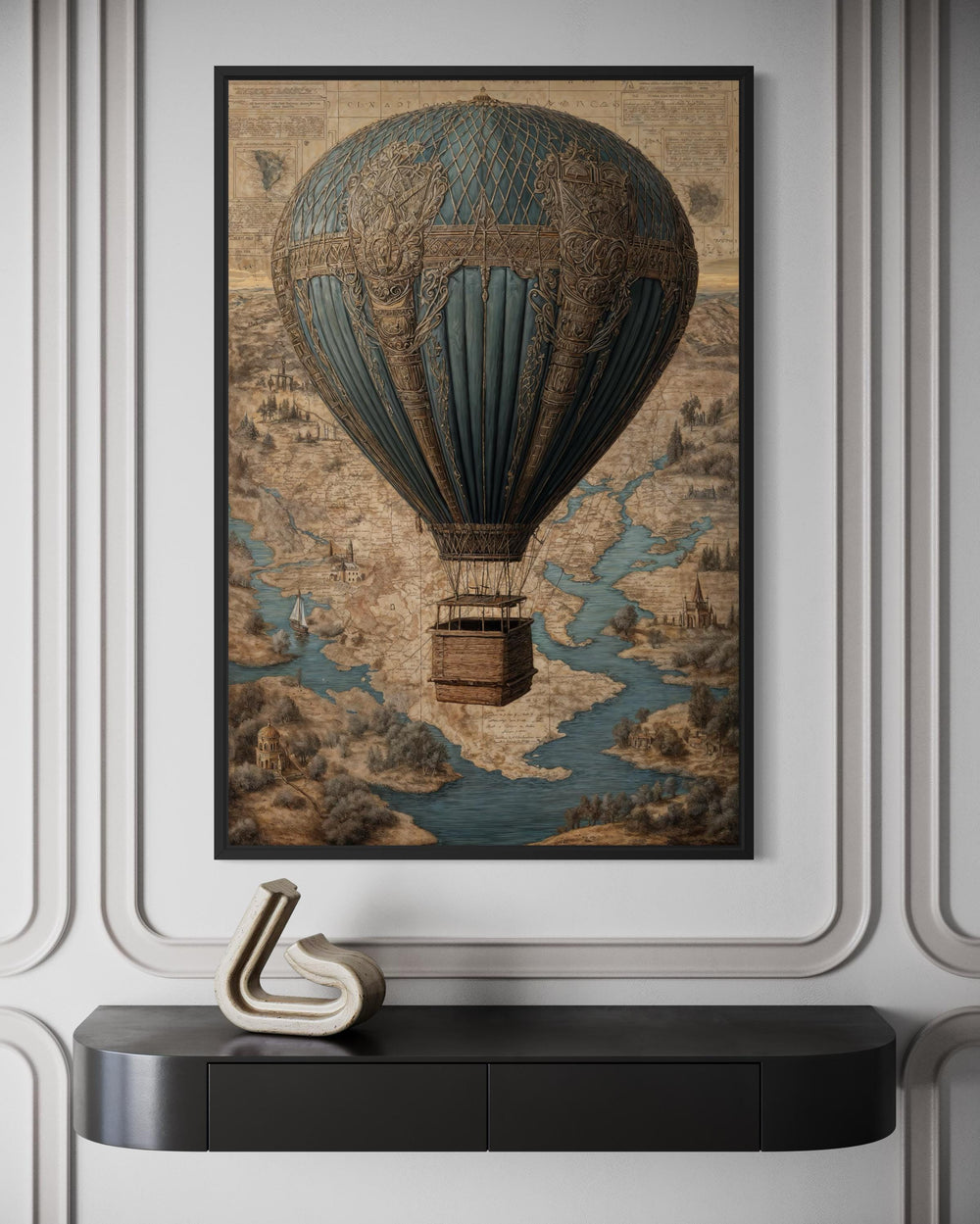 Vintage Hot Air Balloon Antique Map Art - Steampunk Travel Decor for Men