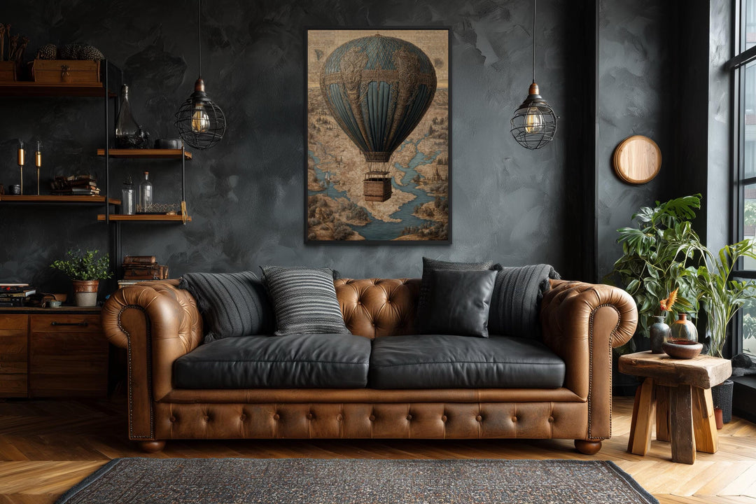 Vintage Hot Air Balloon Antique Map Art - Steampunk Travel Decor for Men