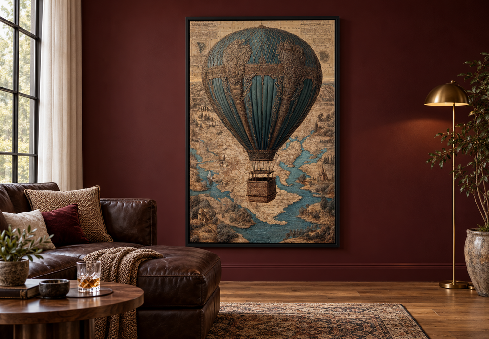 Vintage hot air balloon art over an antique map in a black frame on a burgundy wall.