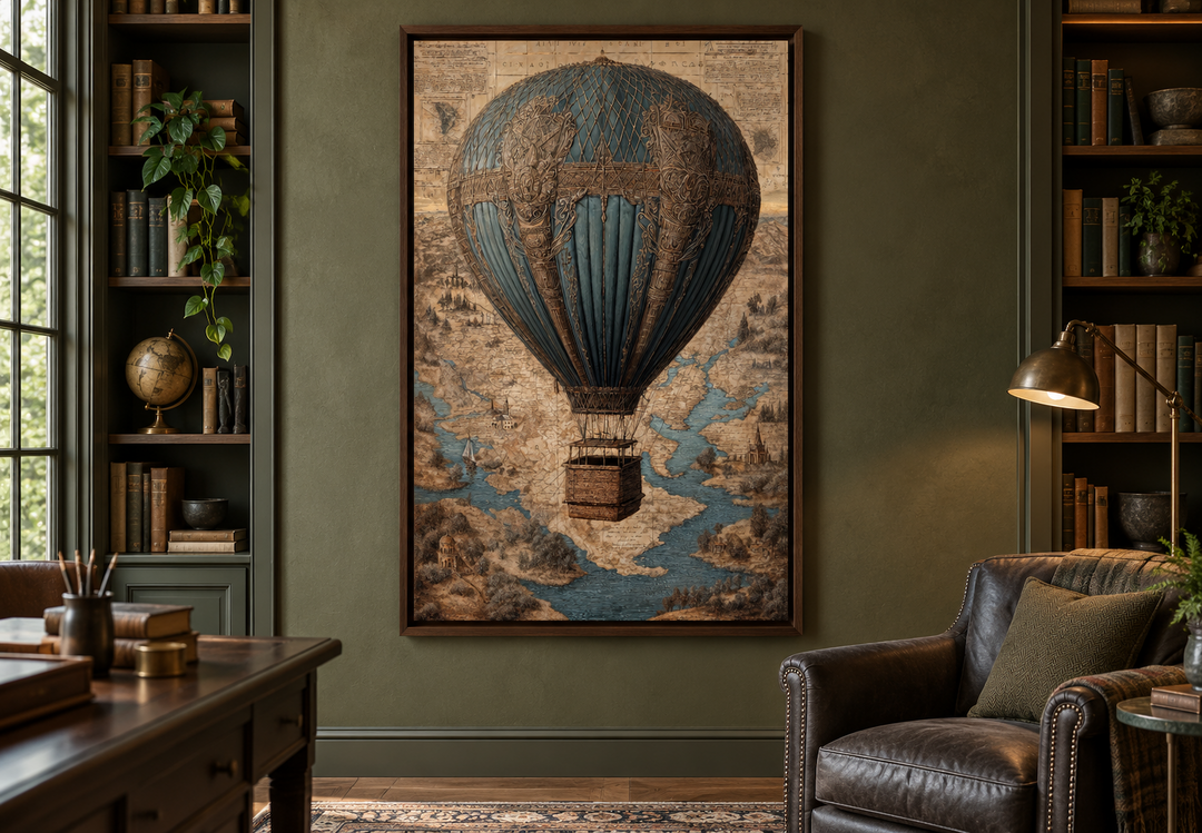 Vintage hot air balloon over an antique map in a walnut frame on an olive green library wall.