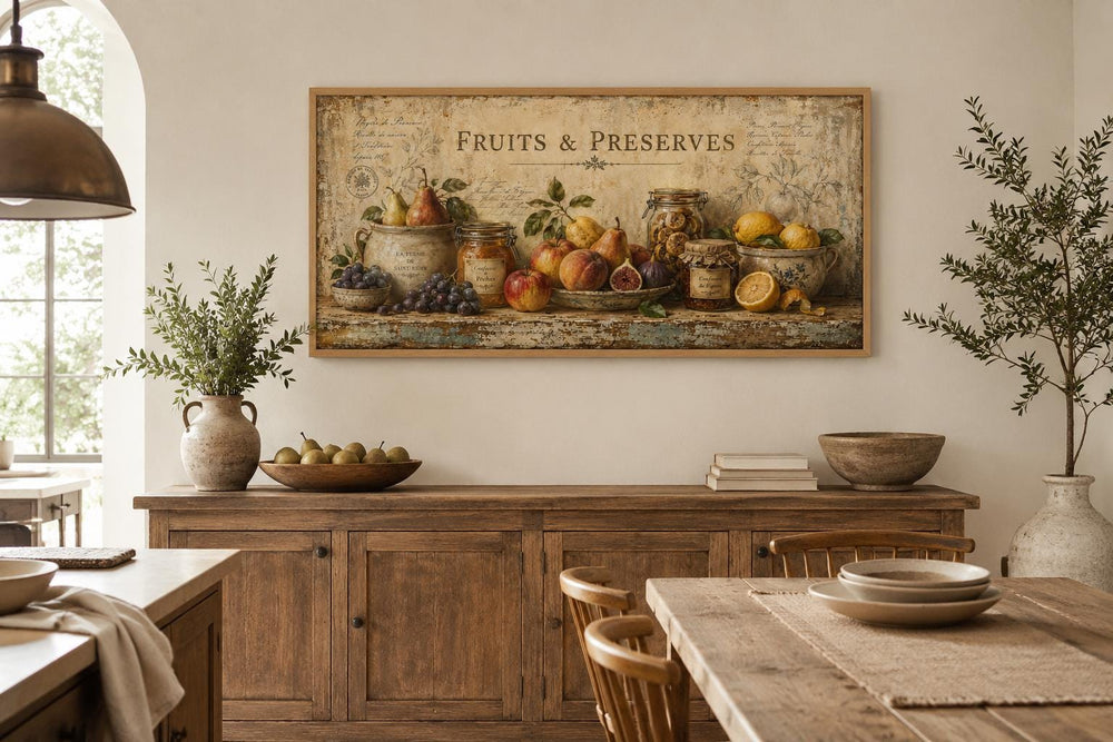 Vintage farmhouse wall art featuring a still life of fruits and preserves on a rustic sideboard.