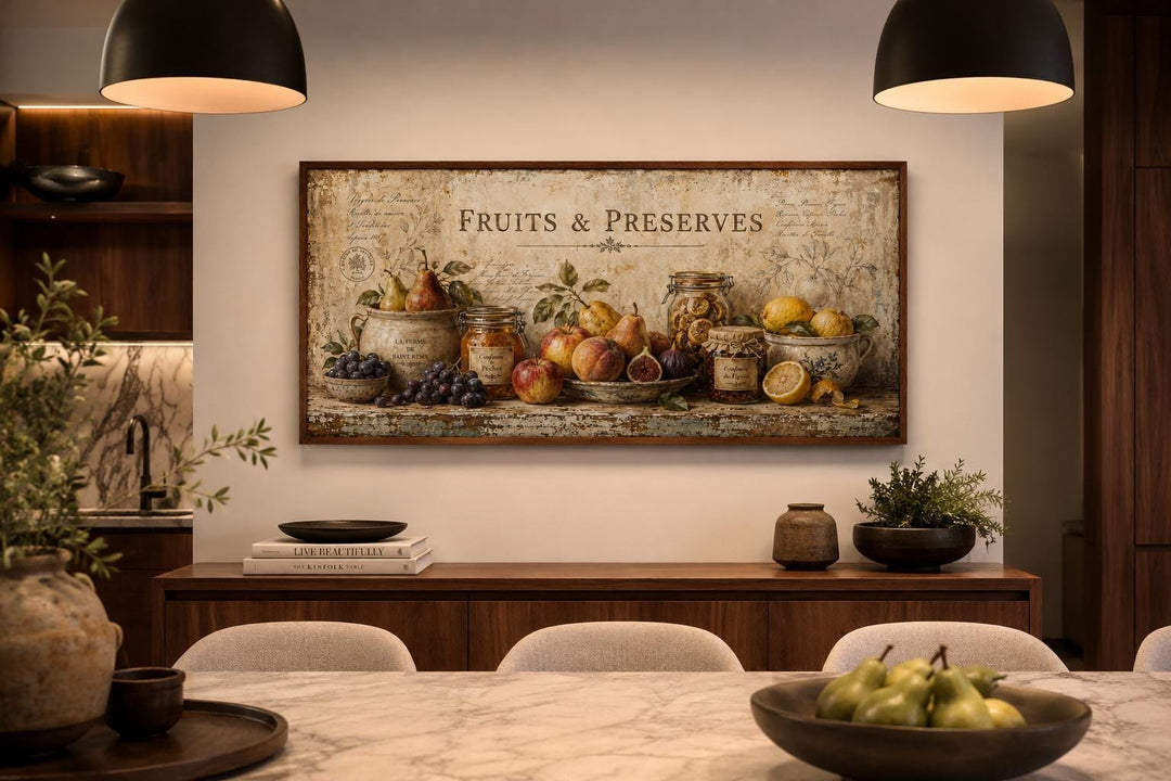 Vintage kitchen wall art featuring a farmhouse fruit canvas with rustic jars and warm charm.