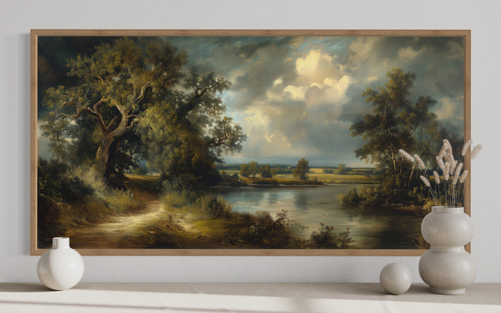 Vintage Lake Landscape Framed Canvas Wall Art