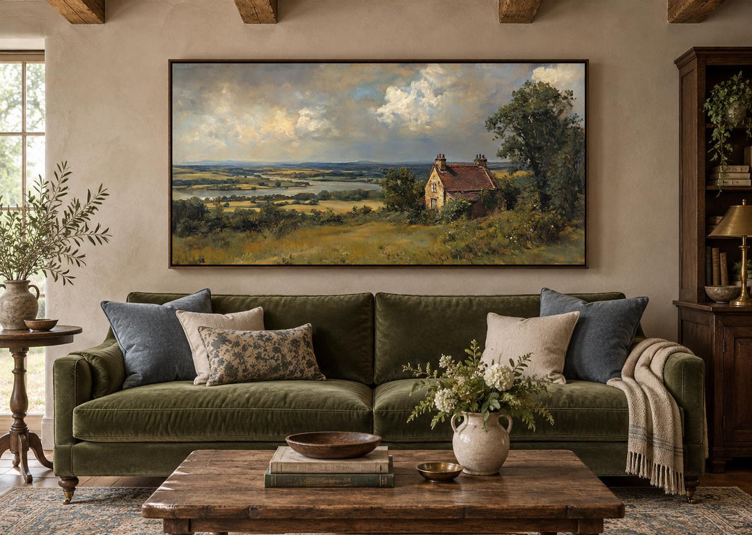 Vintage landscape framed canvas wall art of an old house near a river above a green velvet sofa.