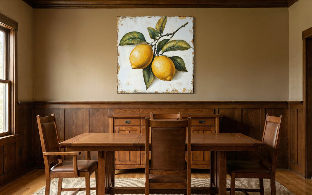 Rustic square canvas painting of two lemons on a branch with an aged, distressed background.