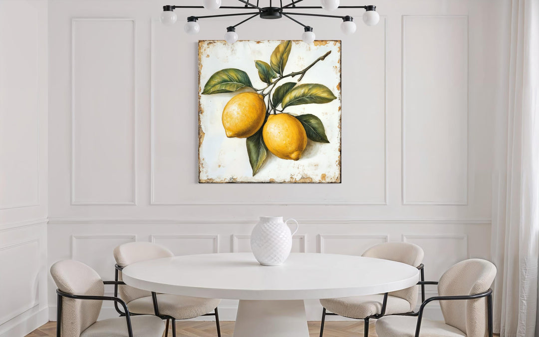 Vintage lemon canvas painting with rustic citrus and leaves on a distressed white background.