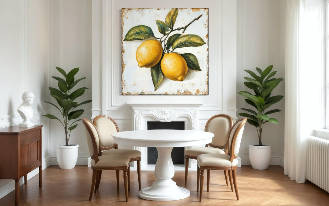 Rustic square canvas painting of two lemons on a branch with green leaves in a vintage style.