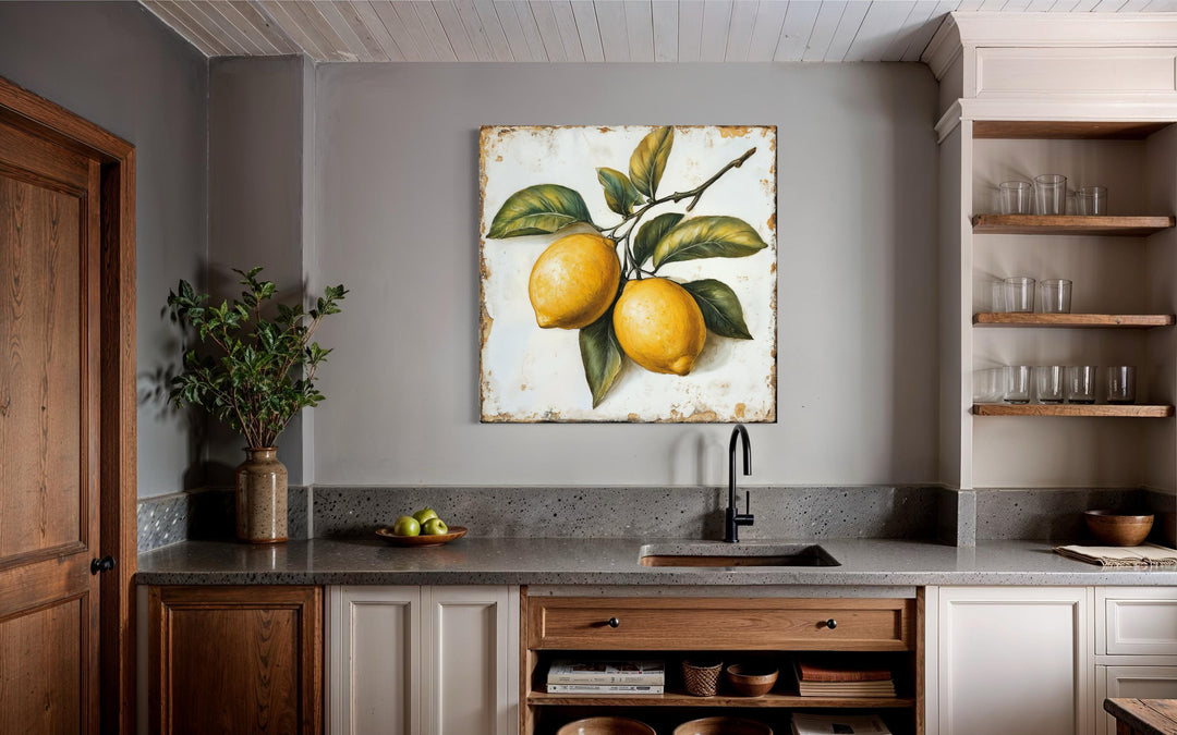 Rustic vintage lemon canvas painting on a distressed background hanging in a farmhouse kitchen.