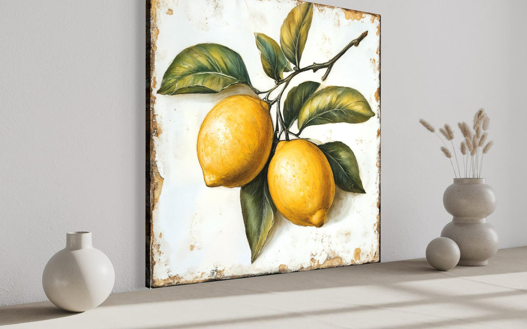 Vintage lemon canvas wall art featuring two citrus fruits on a branch with a rustic, aged finish.