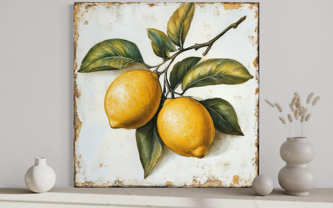Vintage lemon canvas wall art with two yellow lemons and green leaves on a rustic, distressed background.