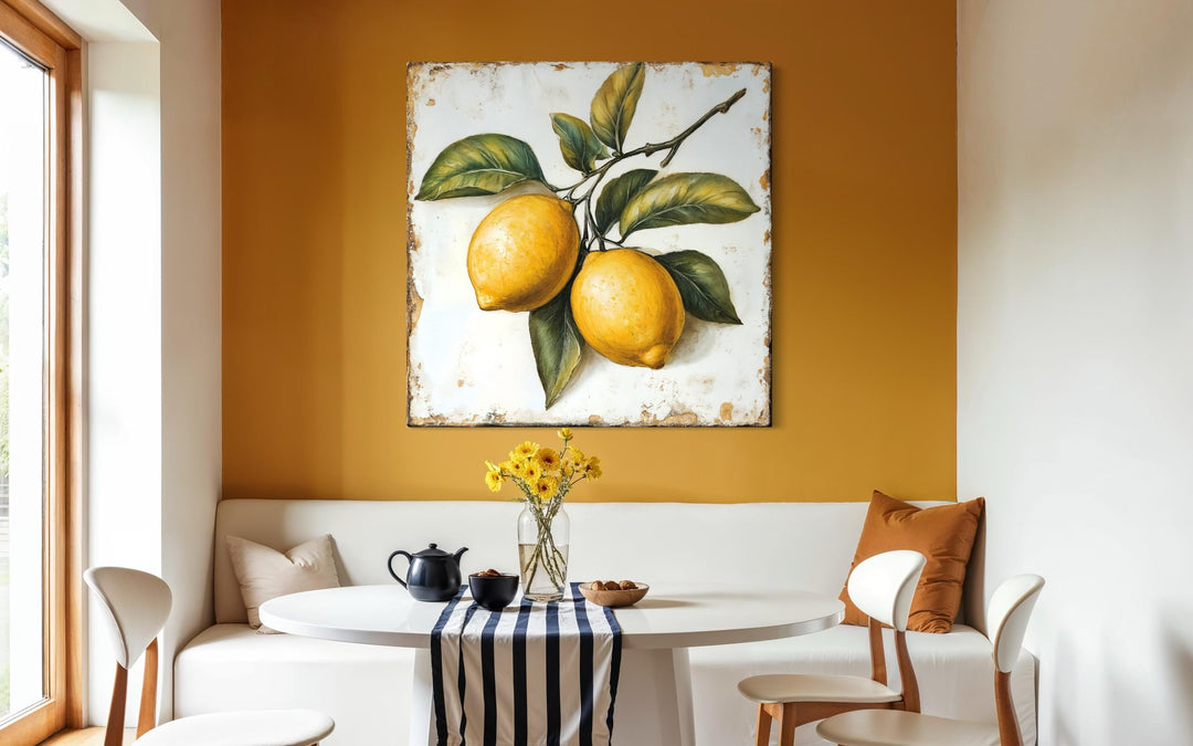 Vintage lemon canvas painting with rustic citrus details hanging in a warm farmhouse dining nook.