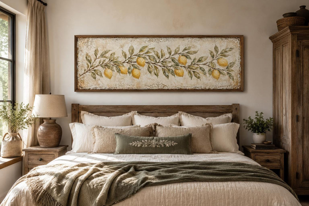 Vintage lemon branch canvas print in a rustic frame above a bed in a farmhouse bedroom.