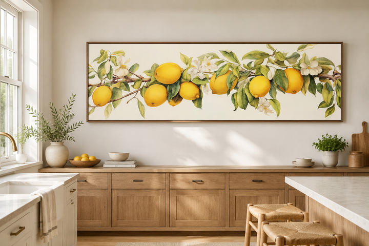 Panoramic framed canvas wall art of a vintage lemon tree branch with yellow fruit and green leaves.