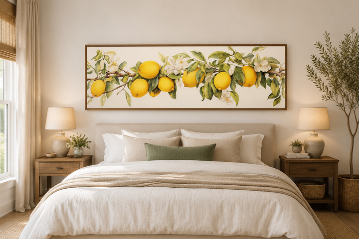 Vintage lemon tree panoramic framed canvas wall art hanging above a bed in a neutral bedroom.