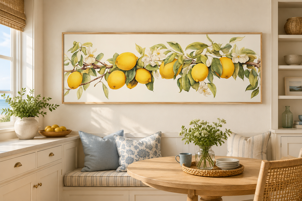 Vintage panoramic framed canvas wall art featuring a lemon tree branch with yellow fruit and leaves.