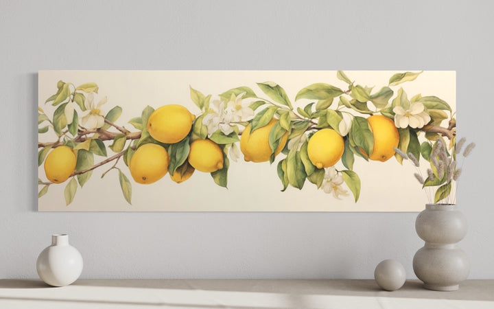 Panoramic framed canvas wall art featuring a vintage lemon tree branch with yellow fruit and leaves.