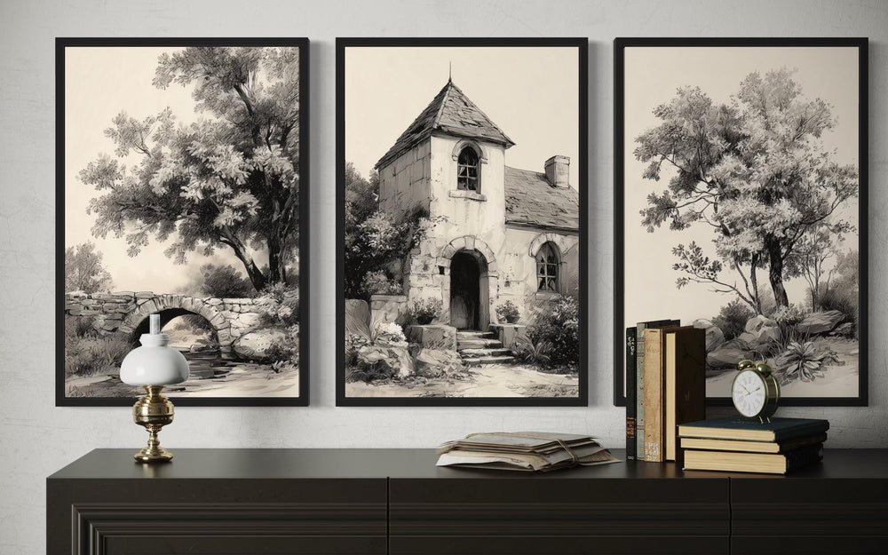 Vintage Neutral Black and Beige Country Landscape Farmhouse Wall Decor