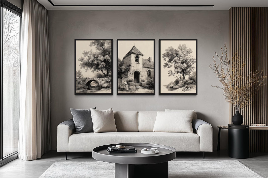 Vintage Neutral Black and Beige Country Landscape Farmhouse Wall Decor