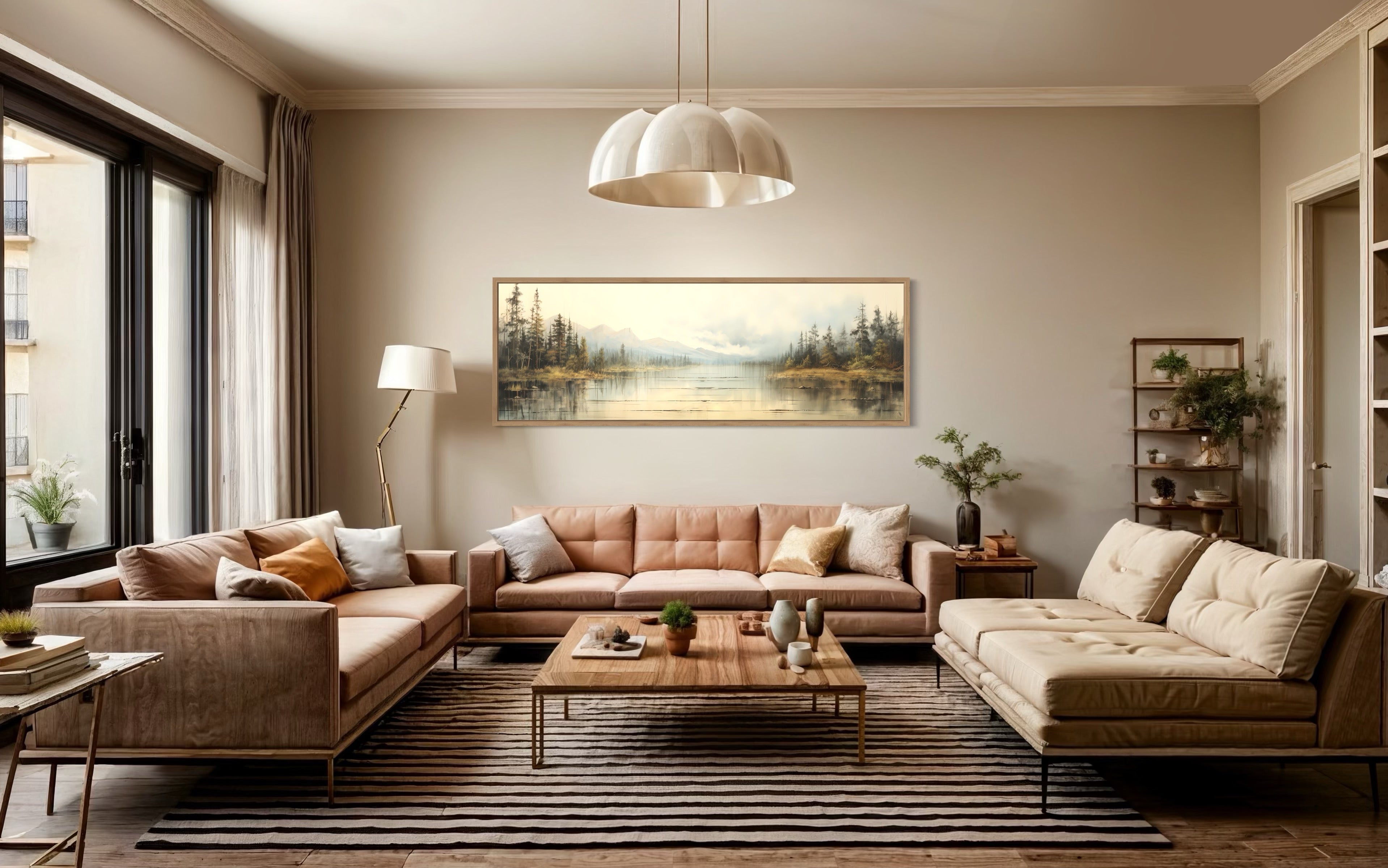 Vintage Lake Landscape Wall Art - Neutral Horizontal Canvas – Wall
