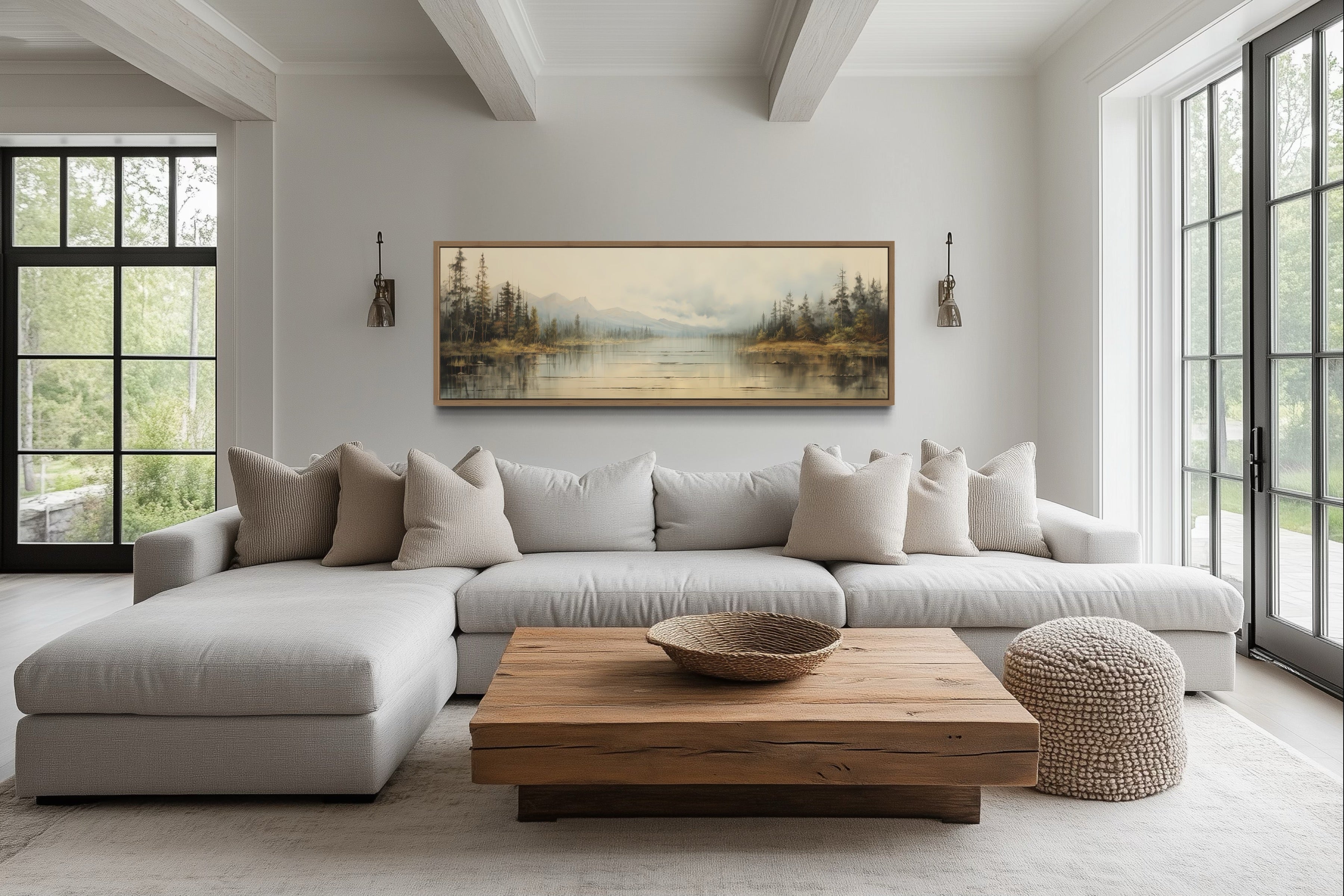 Vintage Lake Landscape Wall Art - Neutral Horizontal Canvas – Wall