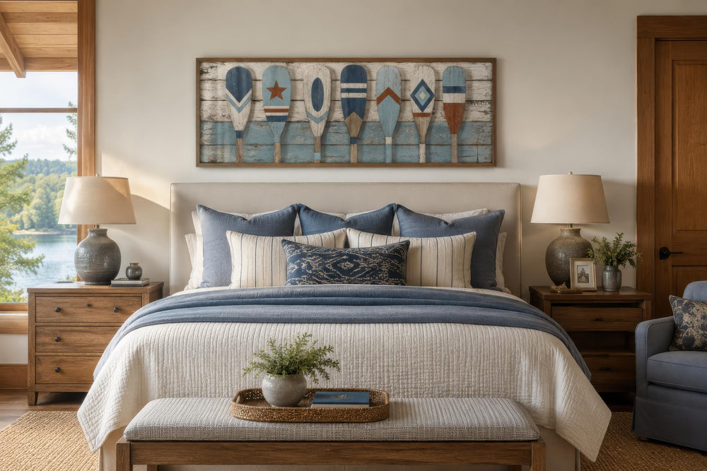 Vintage oar wall art featuring colorful rustic paddles on a distressed wood canvas above a bed.