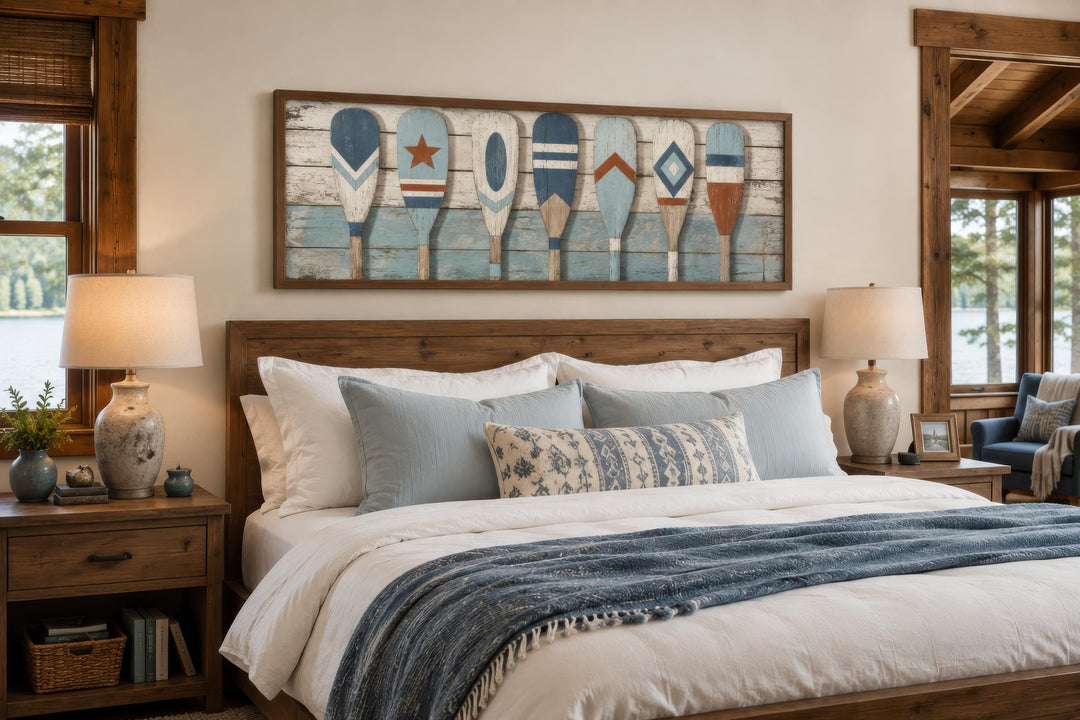 Vintage oar wall art featuring eight colorful paddles on a distressed wood canvas above a bed.