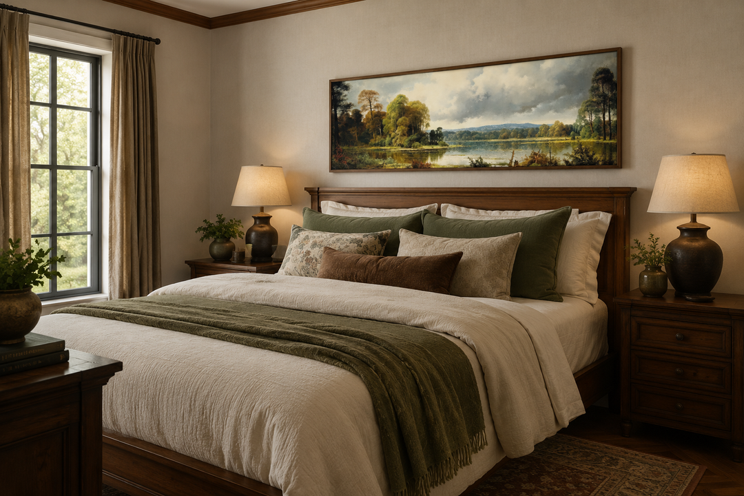 Vintage horizontal landscape painting of a lake and forest in a wooden frame above a bed.