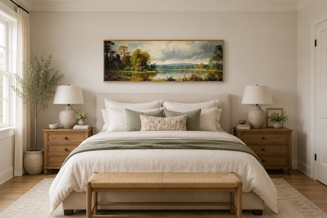 Vintage horizontal landscape painting of a lake and forest in a thin wood frame above a bed.