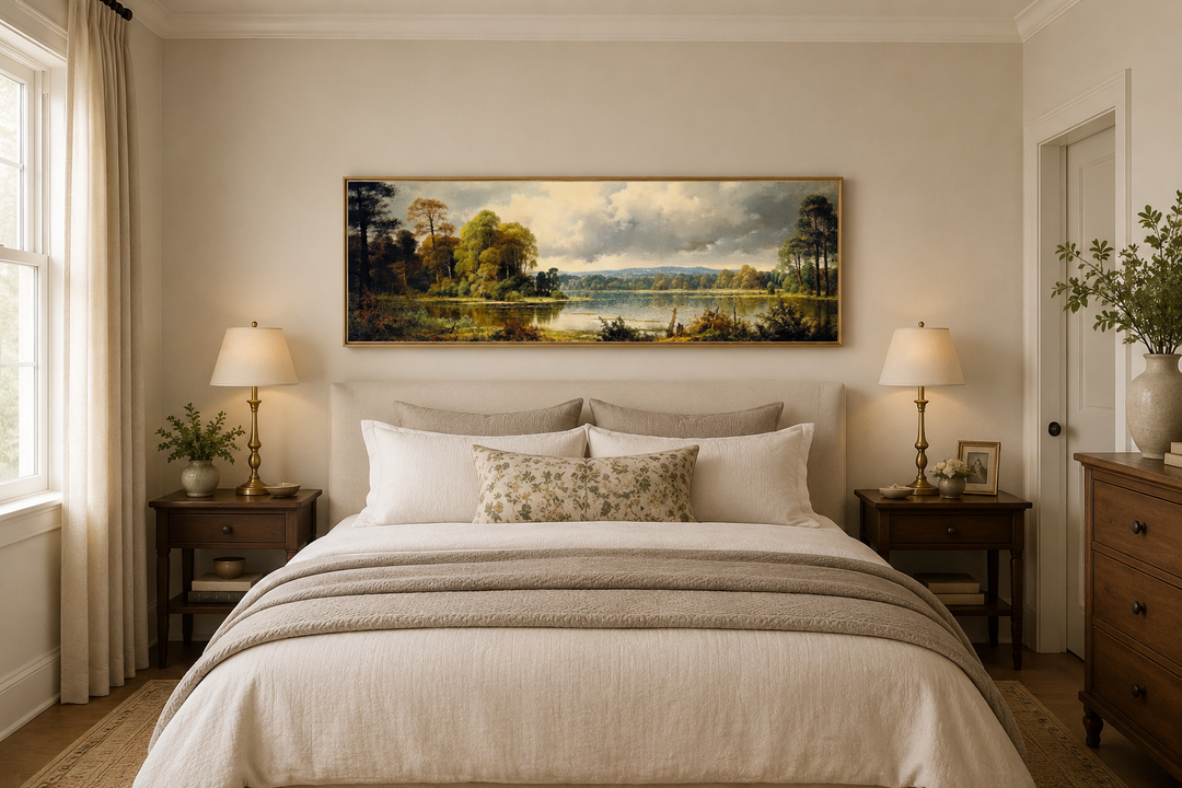 Vintage horizontal landscape painting of a lake and forest above a bed in a neutral bedroom.