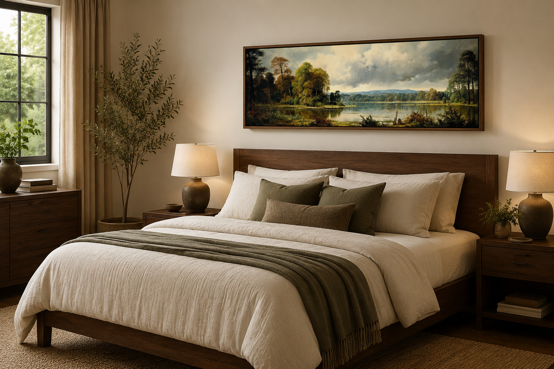 Vintage horizontal landscape painting of a lake and forest above a bed in a cozy bedroom.