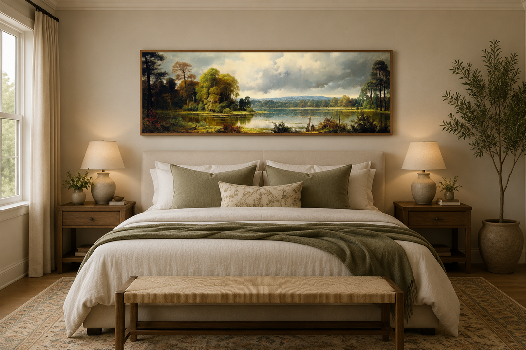 Vintage horizontal landscape painting of a lake and forest above a bed in a neutral bedroom.