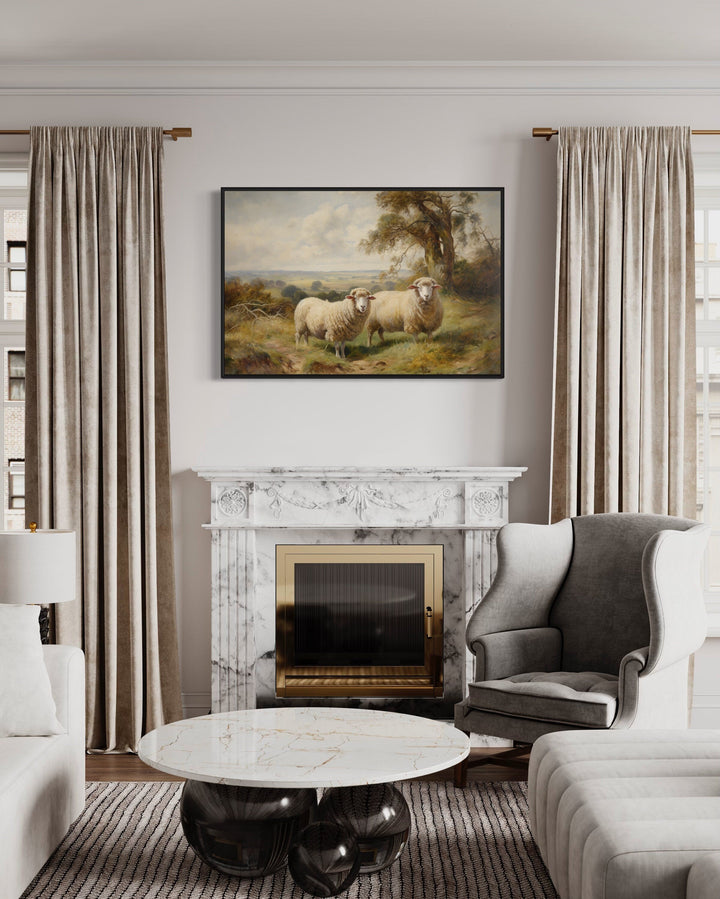 Vintage Pastoral Painting Two Sheep In The Meadow Canvas Wall Art
