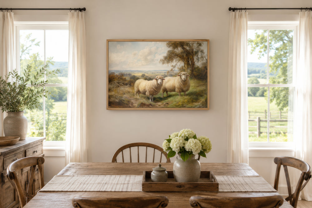 Vintage pastoral canvas wall art of two sheep in a meadow, framed above a rustic dining table.