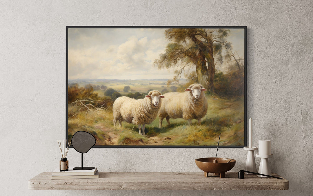 Vintage Pastoral Painting Two Sheep In The Meadow Canvas Wall Art