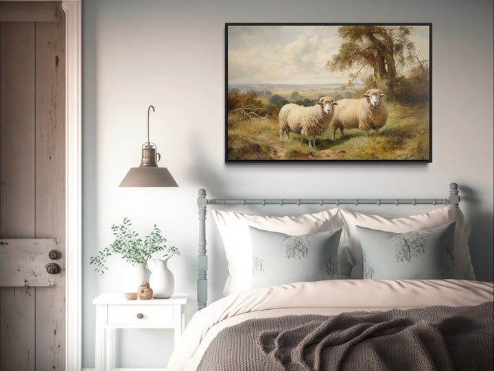 Vintage Pastoral Painting Two Sheep In The Meadow Canvas Wall Art