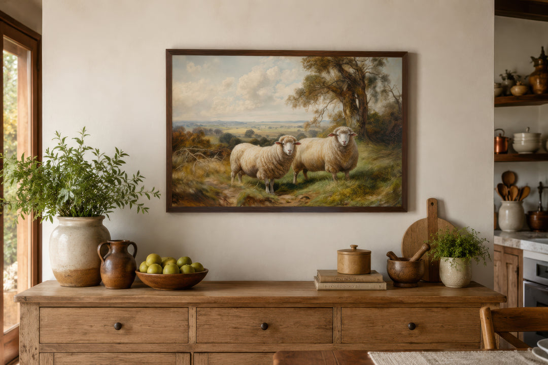 Vintage pastoral canvas wall art featuring two sheep in a meadow above a rustic wooden sideboard.