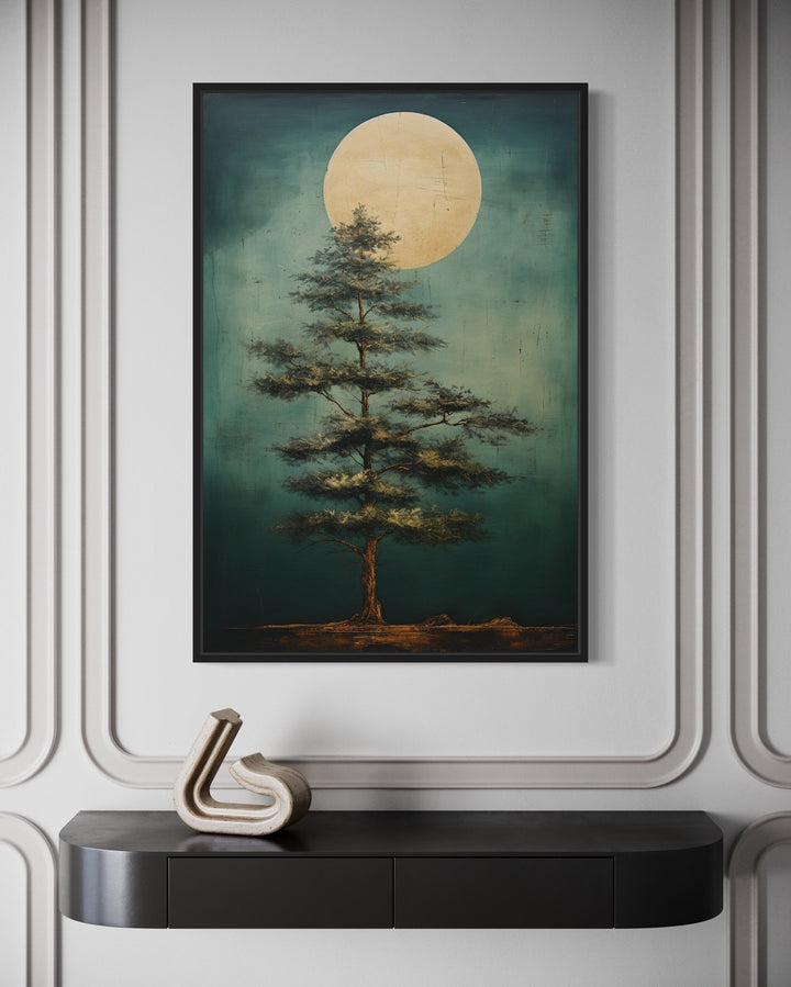 Vintage Pine Tree And Moon Emerald Green Framed Canvas Wall Art