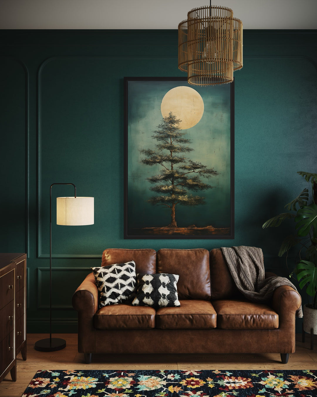 Vintage Pine Tree And Moon Emerald Green Framed Canvas Wall Art