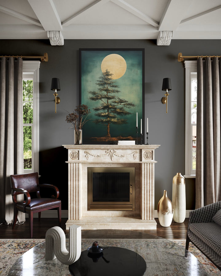 Vintage Pine Tree And Moon Emerald Green Framed Canvas Wall Art