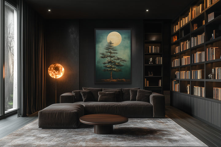 Vintage Pine Tree And Moon Emerald Green Framed Canvas Wall Art