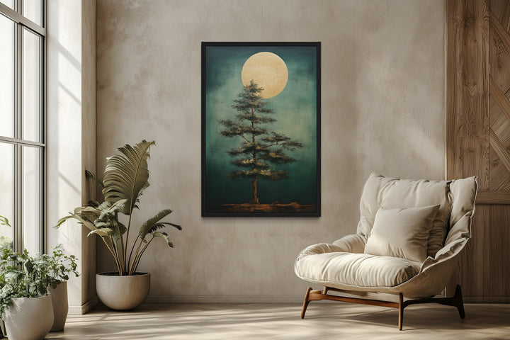Vintage Pine Tree And Moon Emerald Green Framed Canvas Wall Art