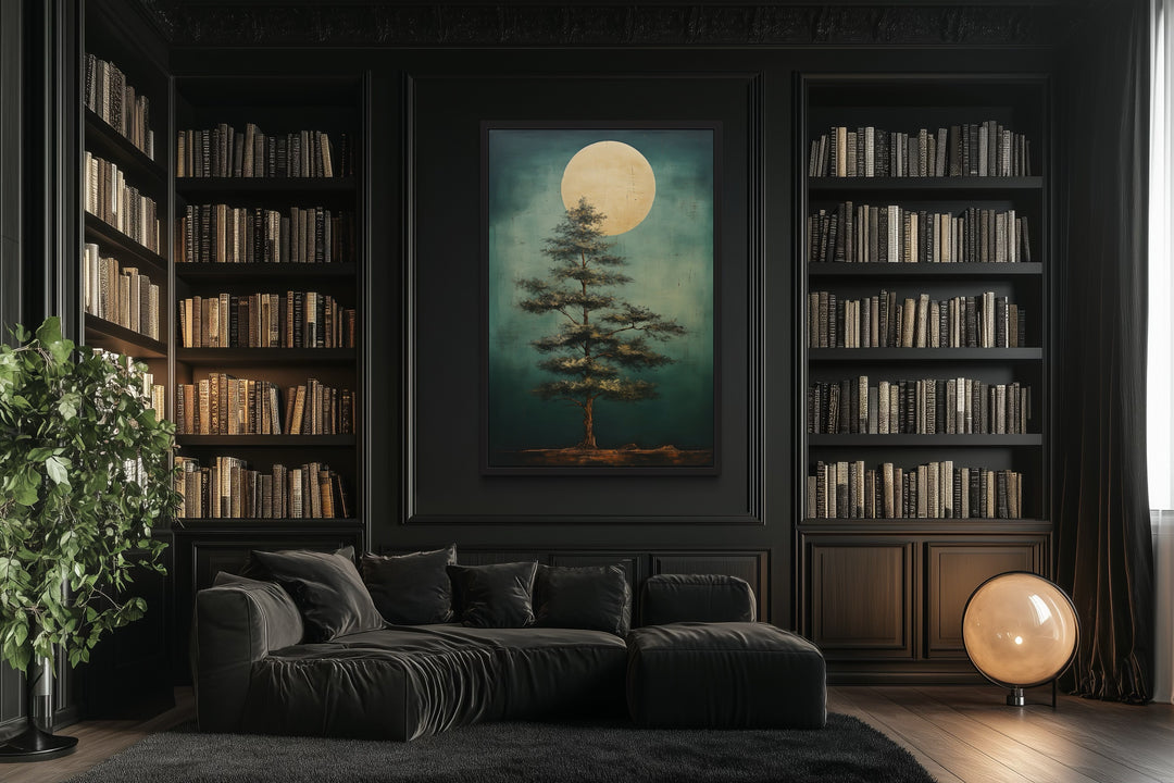 Vintage Pine Tree And Moon Emerald Green Framed Canvas Wall Art