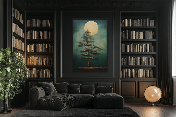 Vintage Pine Tree And Moon Emerald Green Framed Canvas Wall Art