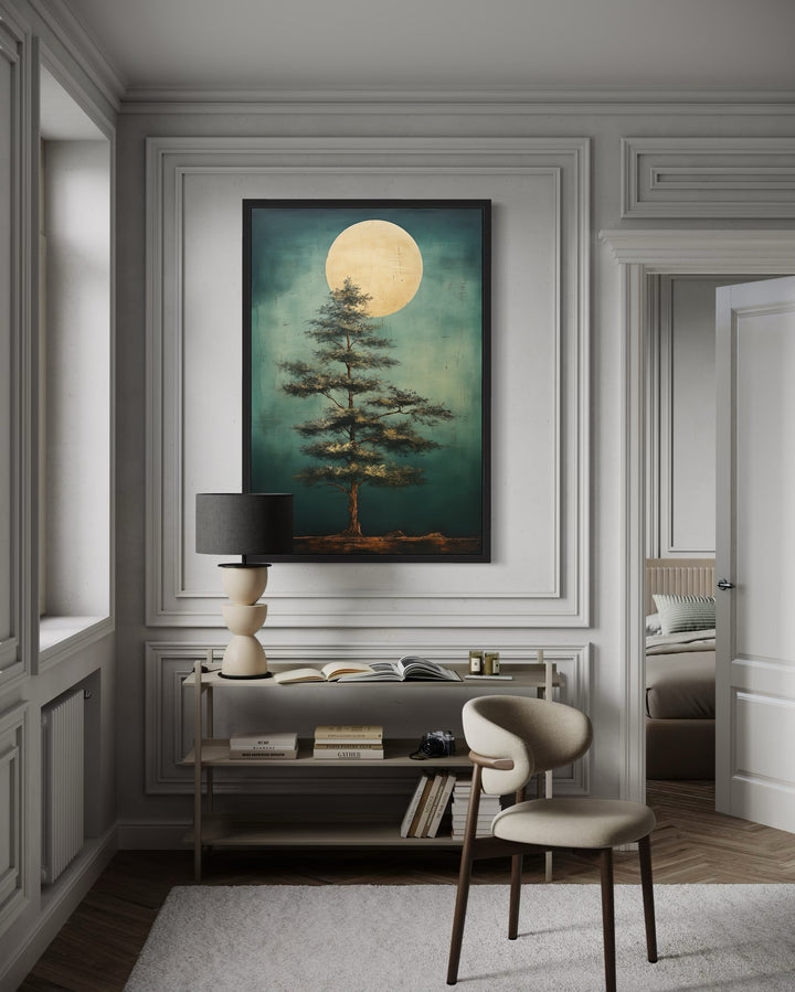 Vintage Pine Tree And Moon Emerald Green Framed Canvas Wall Art